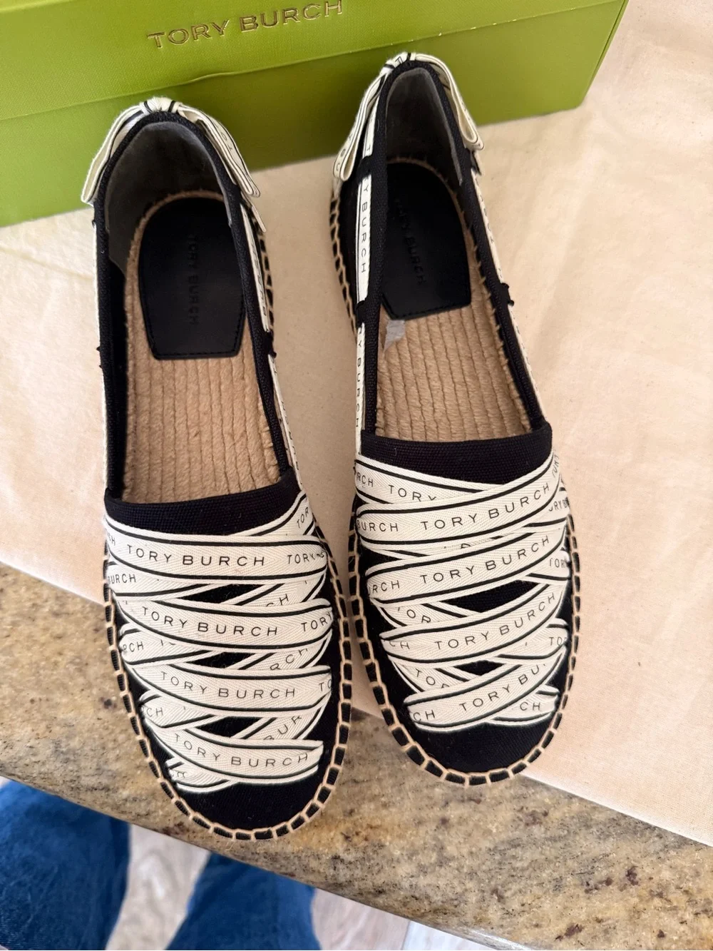 New TORY BURCH RIBBON ESPADRILLE OLONA IT - CANVAS Black/NEW CREAM